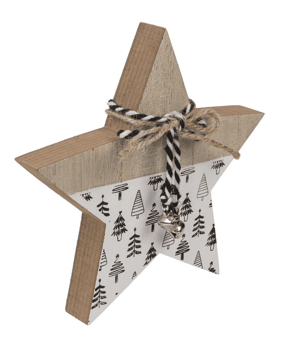 Standing wooden star with ribbon & bell,