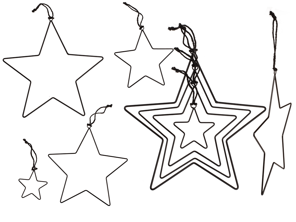 Black metal stars, for hanging, 4 pcs per set,