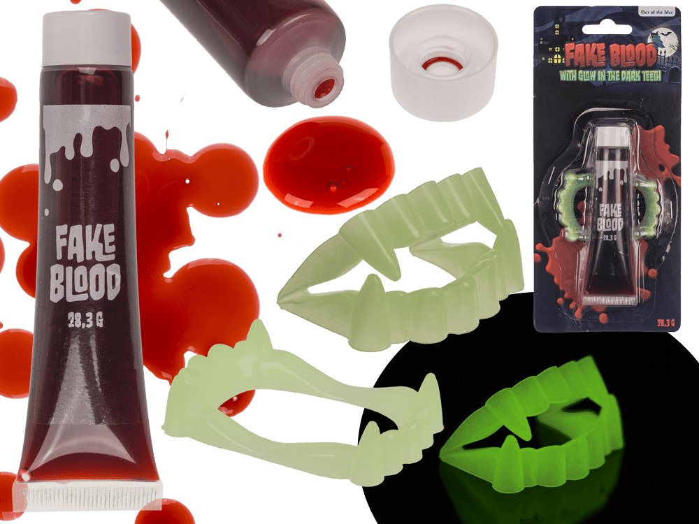 Fake blood with glow in the dark teeth,