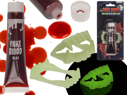 Fake blood with glow in the dark teeth,
