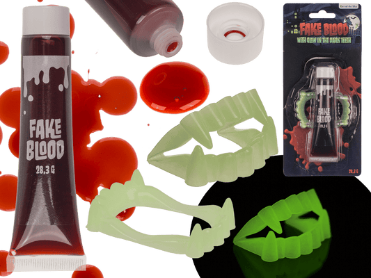 Fake blood with glow in the dark teeth,