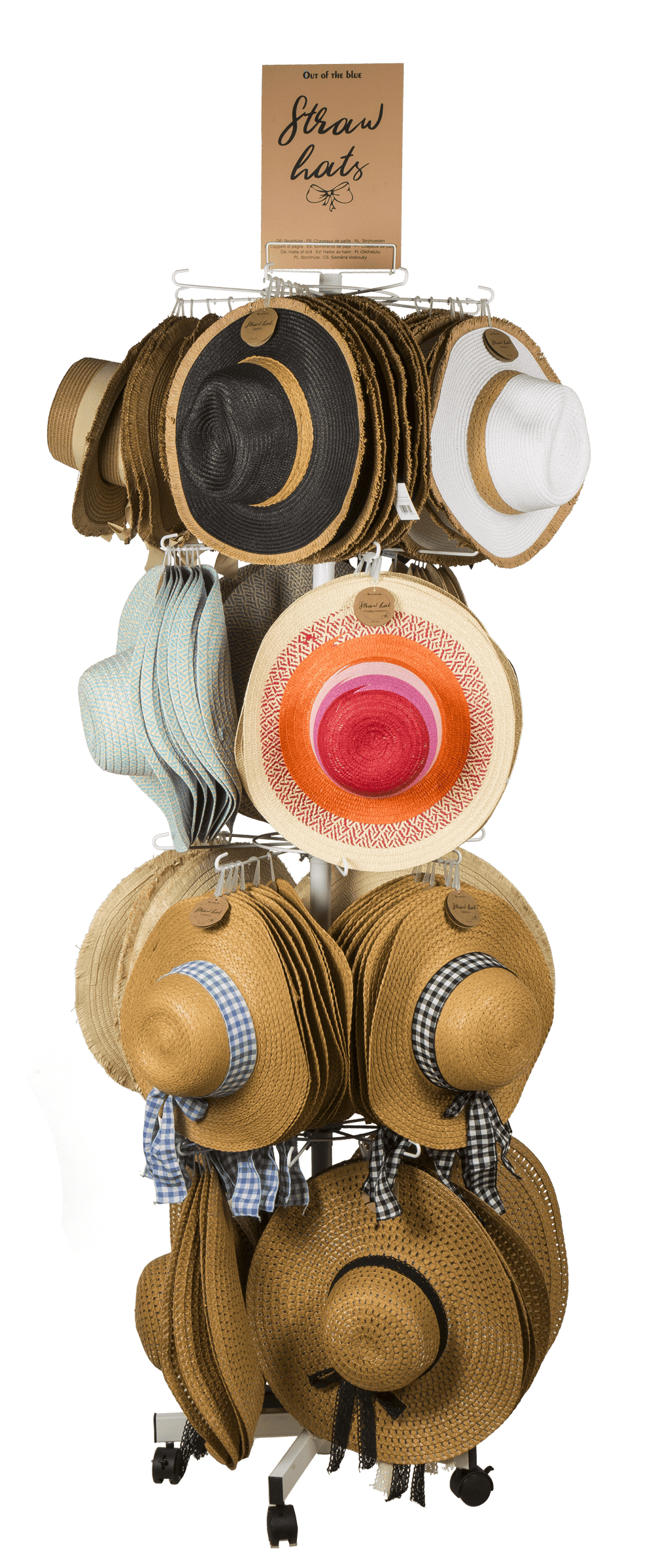 Floor display, revolving stand, straw hats,