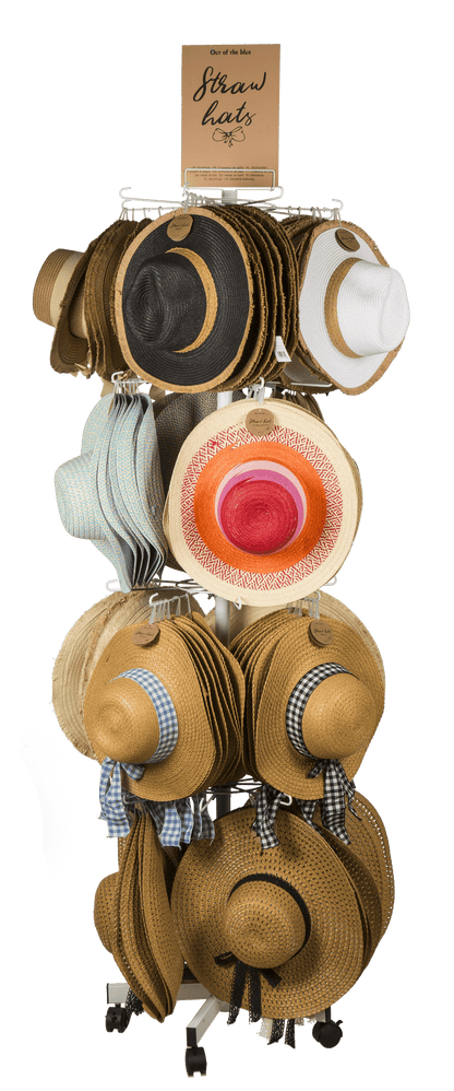 Floor display, revolving stand, straw hats,