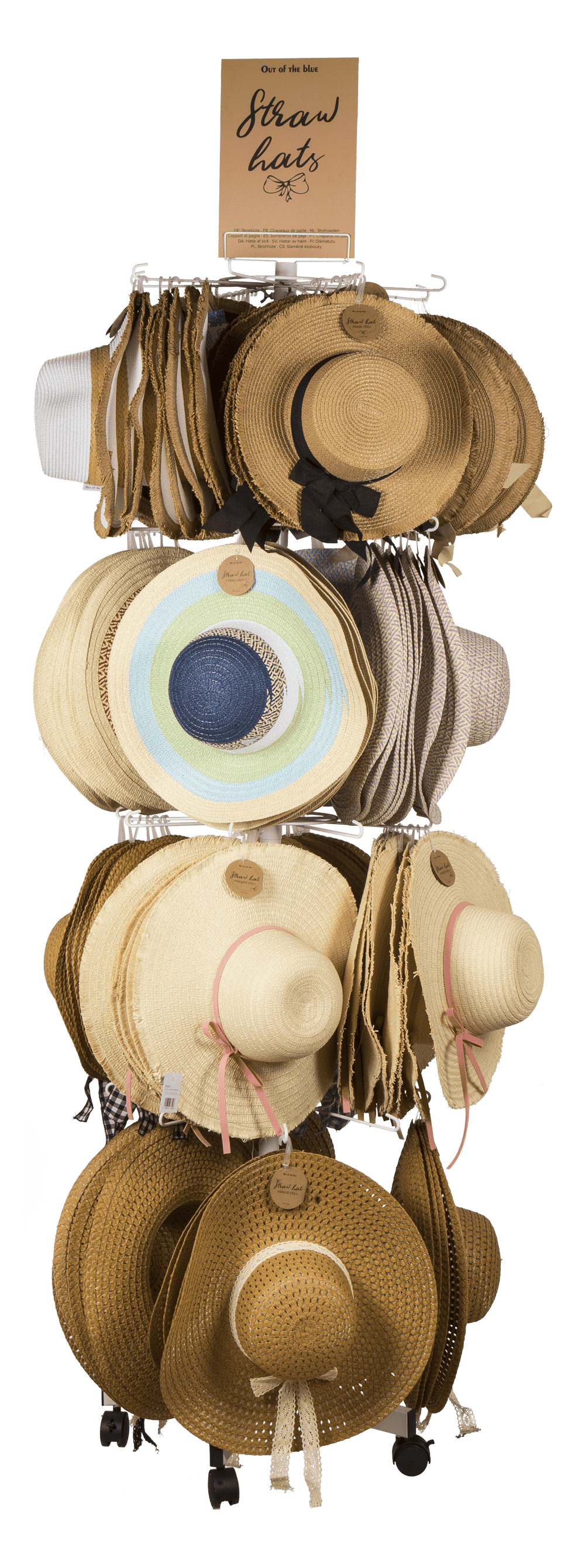 Floor display, revolving stand, straw hats,